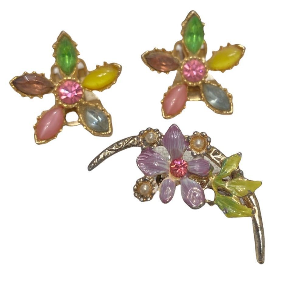 Vintage Multi Color Flower Rhinestone Earrings And Brooch